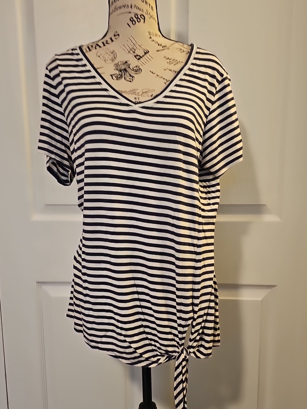 Matty M Black & White Striped V-Neck Tie-Hem Tee